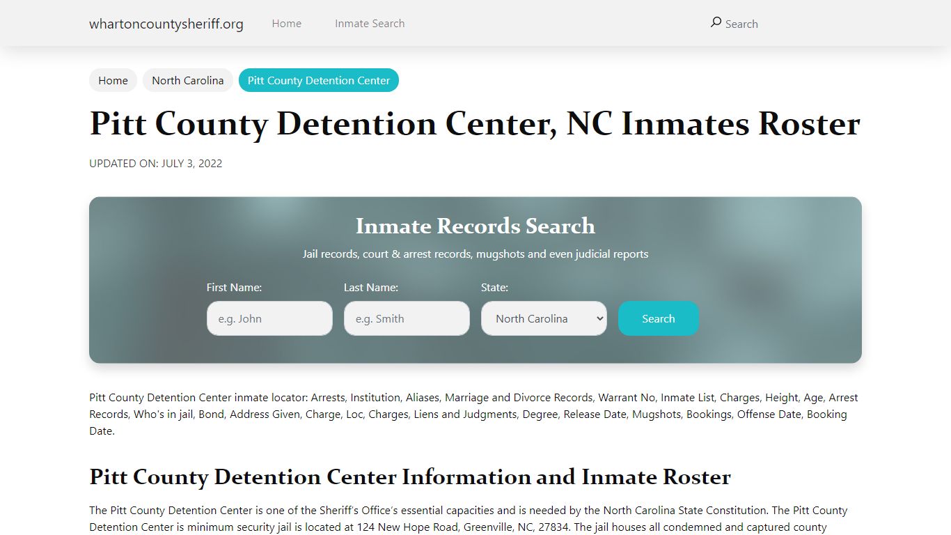Pitt County Detention Center, NC Jail Roster, Name Search